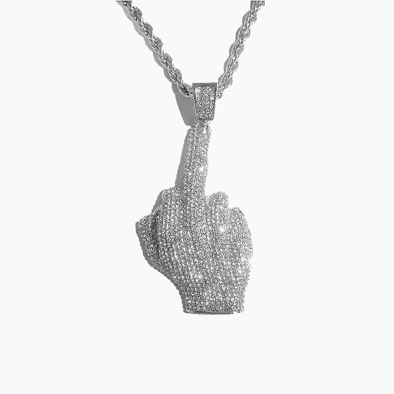 Stainless Steel Full Zircon Rock Middle Finger Pendant Necklace for Men