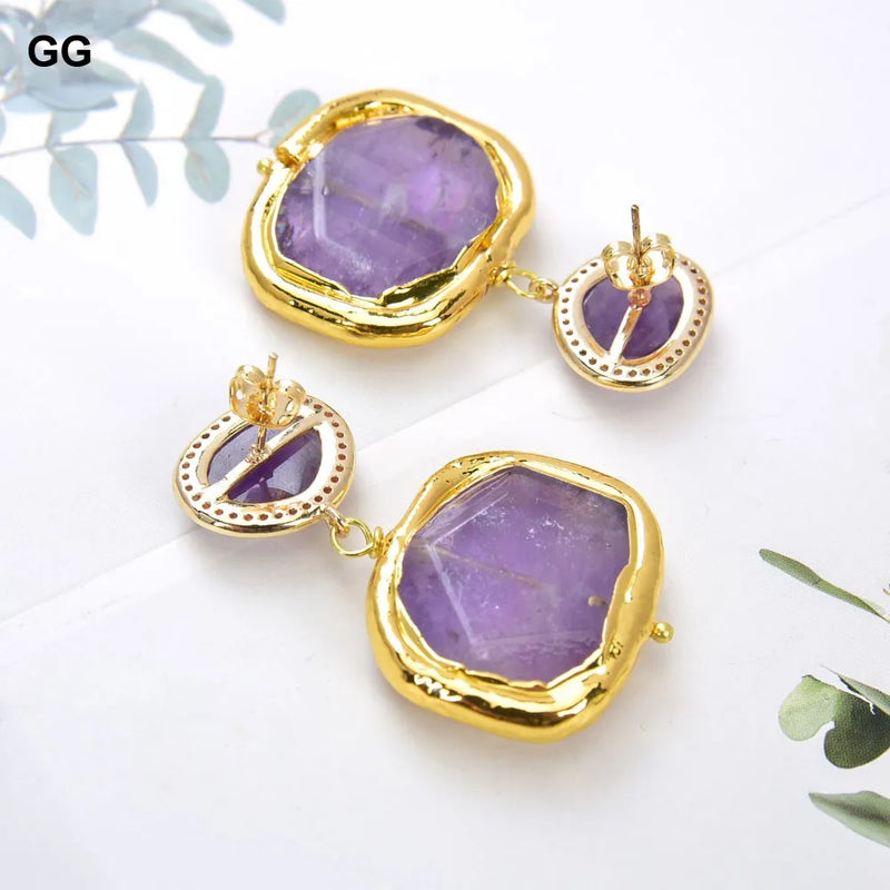 Gold Plated Amethyst and CZ Drop Stud Earrings for Women