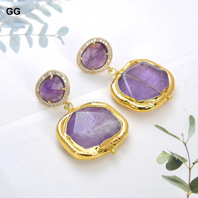 Gold Plated Amethyst and CZ Drop Stud Earrings for Women