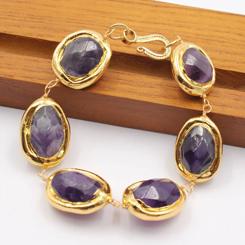 Gold Plated Purple Amethyst Oval Egg Bracelet for Women