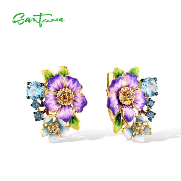 Sterling Silver Blue Stone Purple Flower Earrings for Women