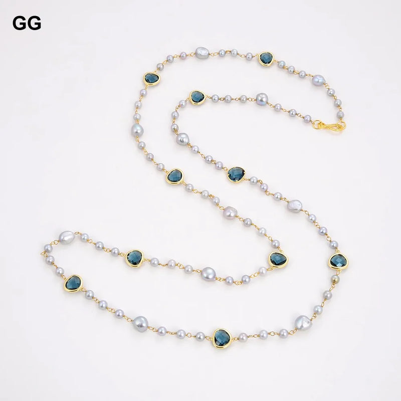 Gold Plated Round Pearl Blue Crystal Chain Necklace for Women