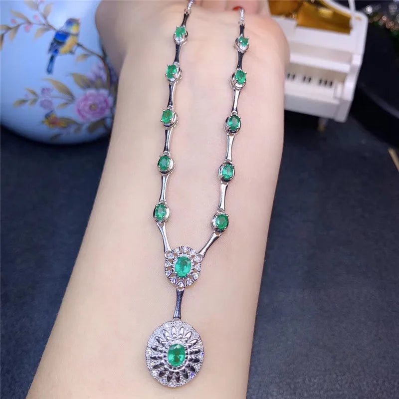 925 Sterling Silver Natural Emerald Pendant Necklace for Women