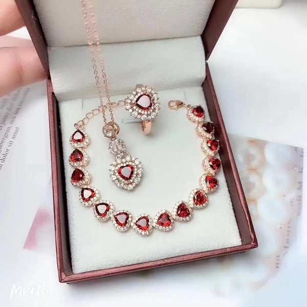 925 Sterling Silver Natural Garnet Jewelry Set for Women