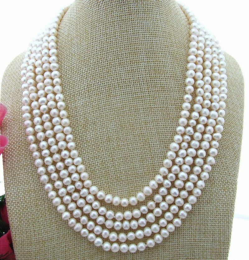 Silver 6mm White Freshwater Pearl 5Strand Choker Necklace with CZ Pave Clasp for Women