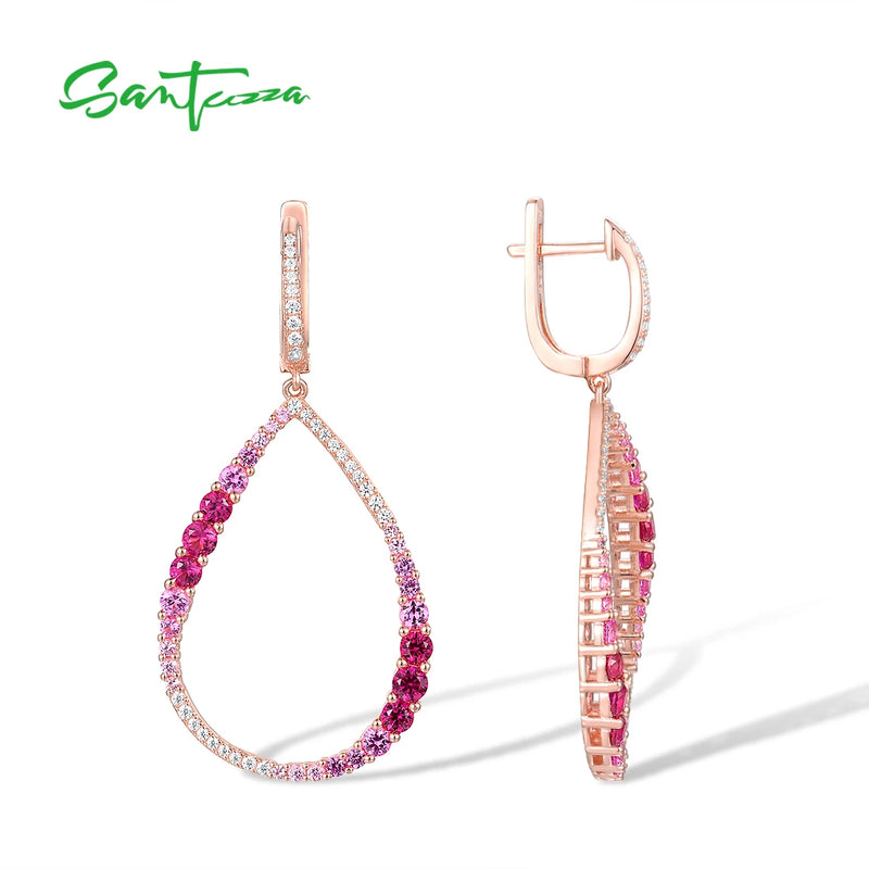 925 Sterling Silver Pink Red Gradual CZ Dangling Earrings for Women