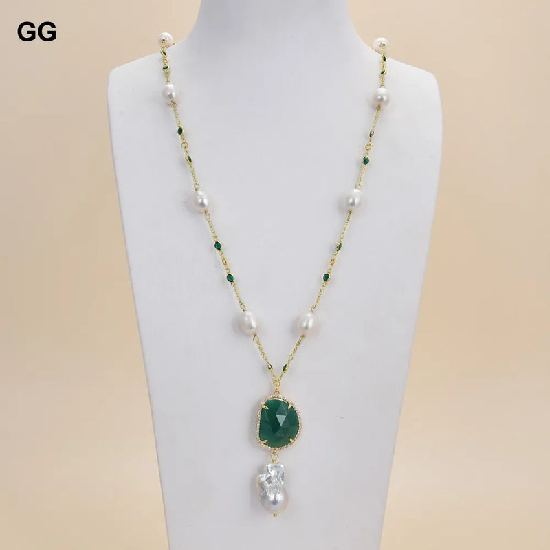 Gold Plated White Rice Pearl & Keshi Pearl Necklace with Green Crystal Pendant for women