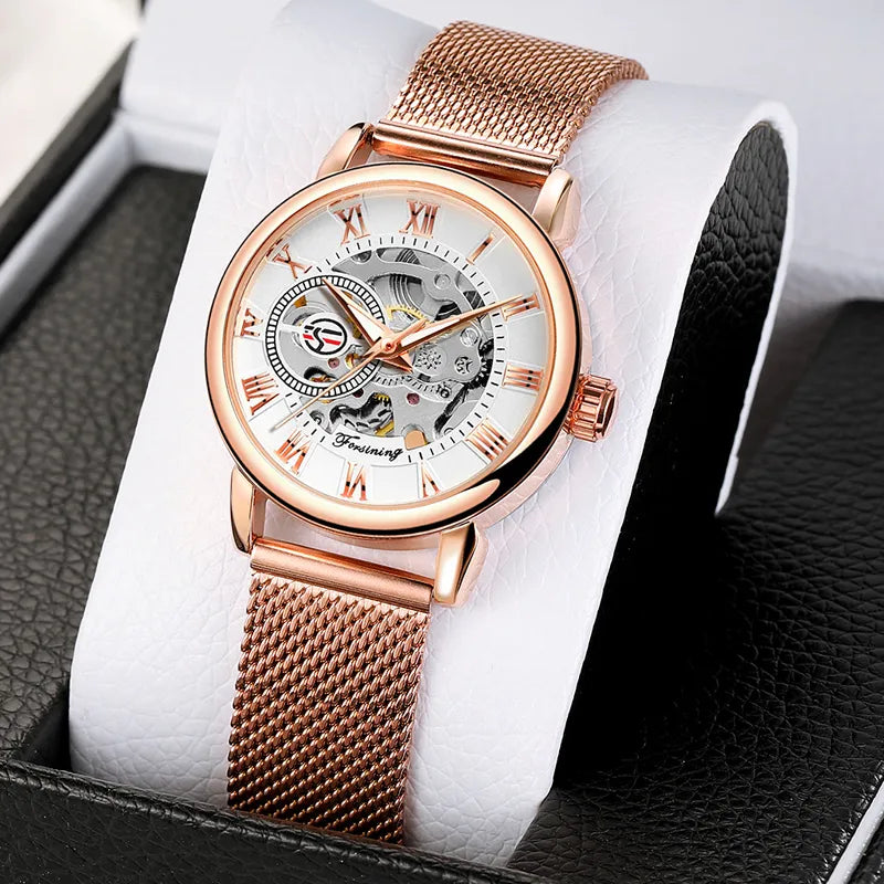 Rose Gold Stainless Steel Skeleton Mechanical Hand Wind Watch for Women