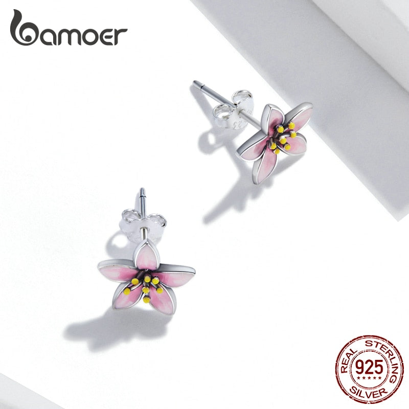 925 Sterling Silver Enamel Pink Cherry Blossom Stud Earrings for Women