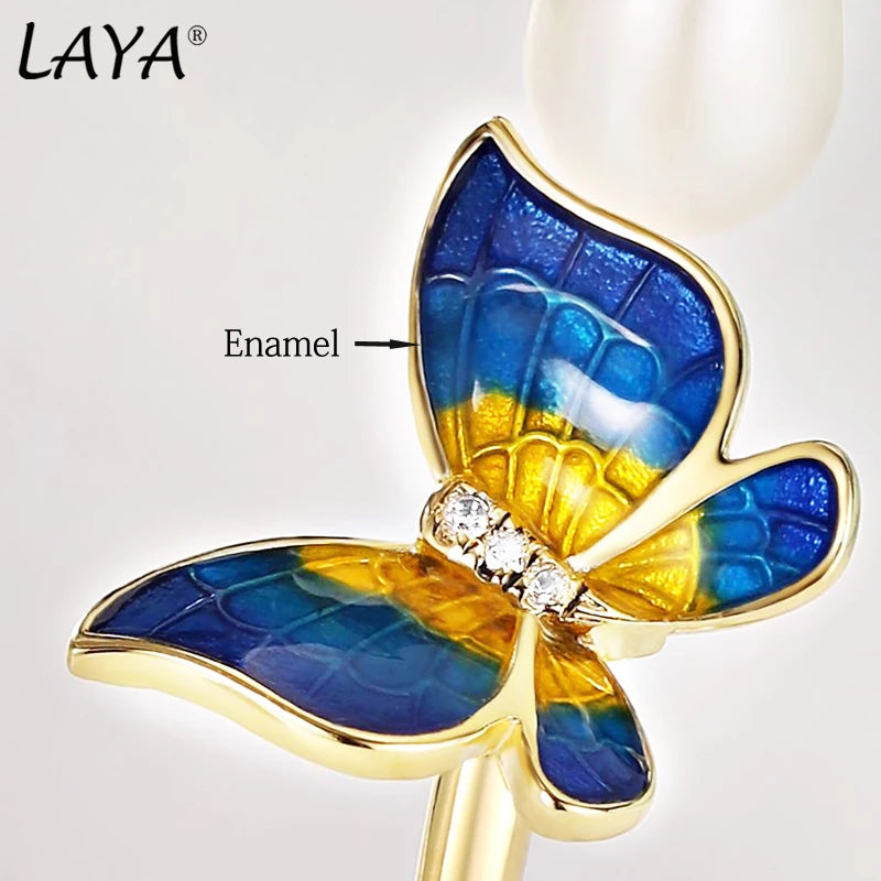 925 Sterling Silver Freshwater Pearl Enamel Butterfly Bracelet for Women