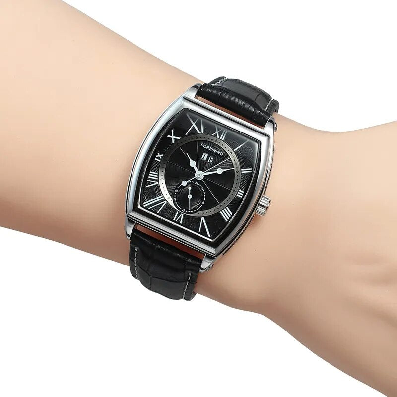 Stainless Steel Leather Square Automatic Mechanical Watch for Men