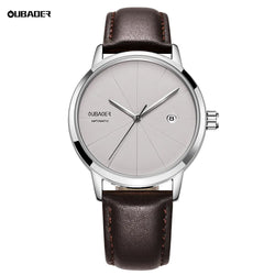 Stainless Steel Leather Band Mechanical Watch with Date for Men