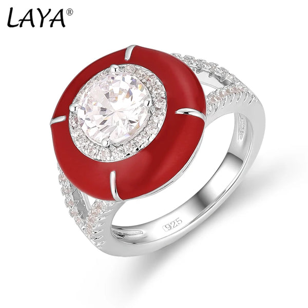 Sterling Silver Red Enamel Ring with Zircon for Women