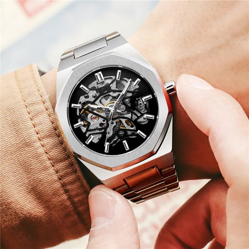 Stainless Steel Skeleton Automatic Mechanical Watch for Men