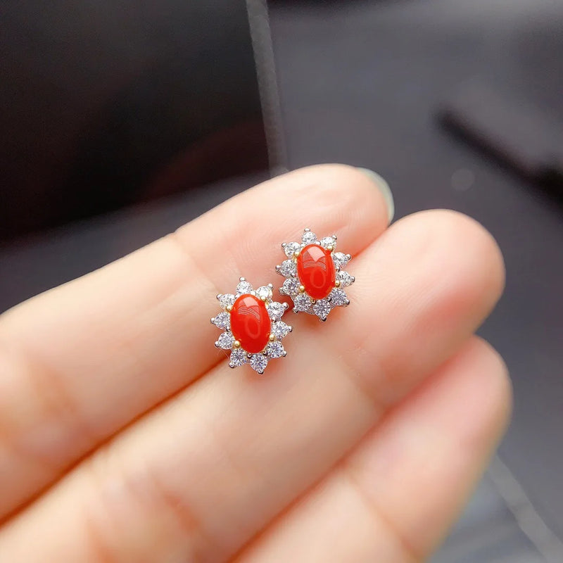 925 Sterling Silver Natural Red Coral Stud Earrings for Women