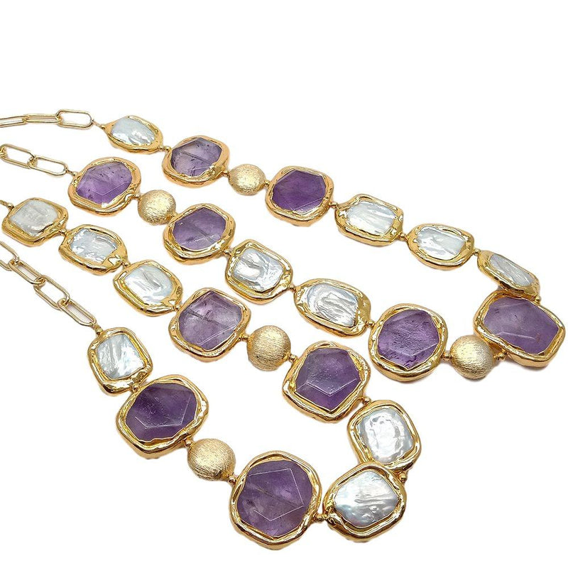 Gold Plated Cultured White Keshi Pearls & Amethyst Chunk Necklace for Women