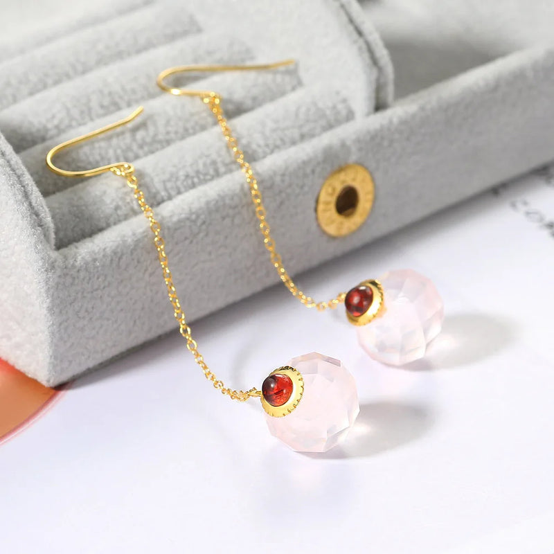 925 Sterling Silver Rose Quartz and Garnet Drop Earrings for Women