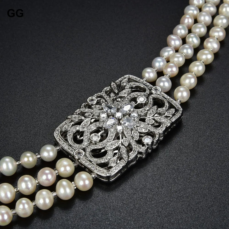 Silver or Gold Plated 3 Strand Natural White Pearl CZ Connector Long Necklace For Lady