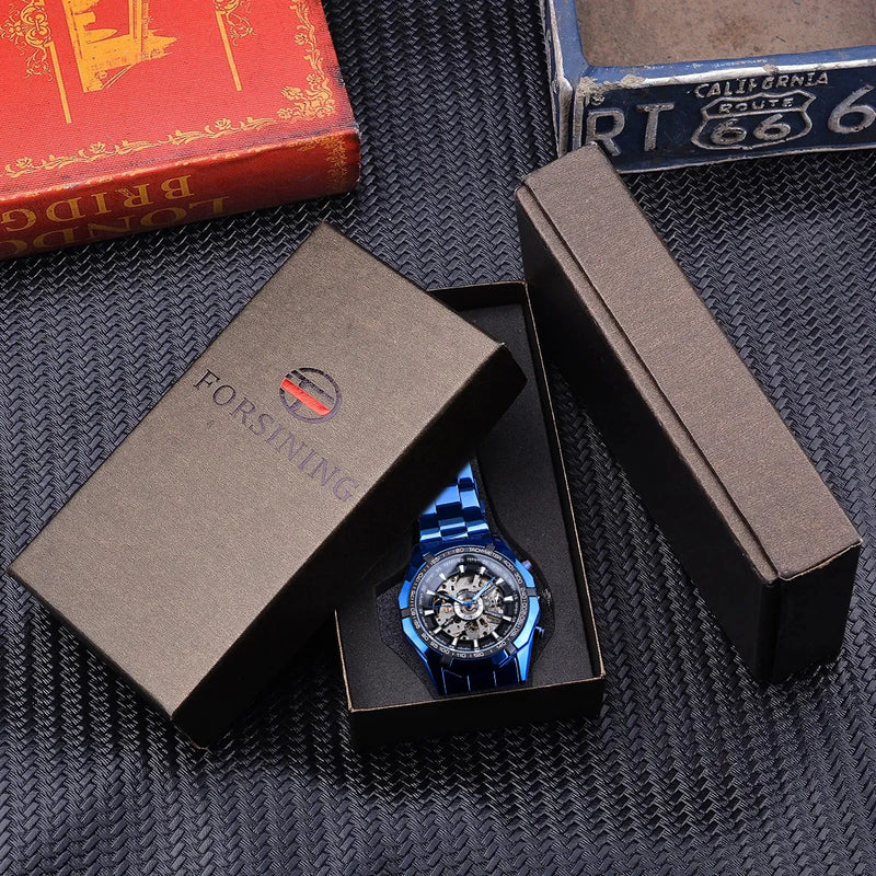 Stainless Steel Skeleton Automatic Watch, Blue for Men