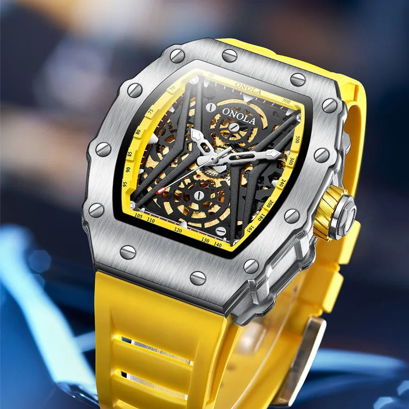 Stainless Steel Square Skeleton Luminous Watch for Men