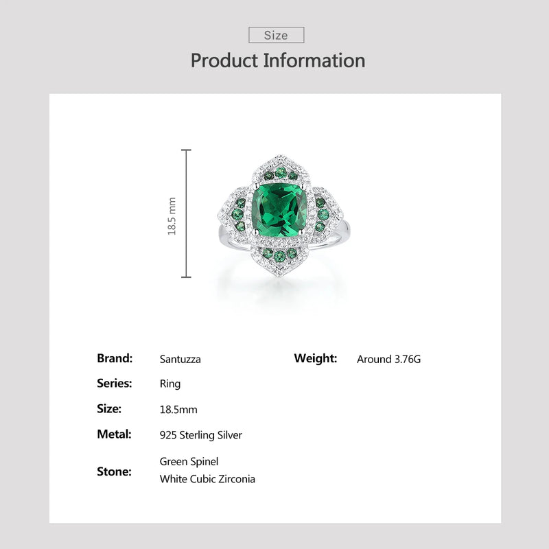 925 Sterling Silver Square Green Spinel & White CZ Flower Ring for Women