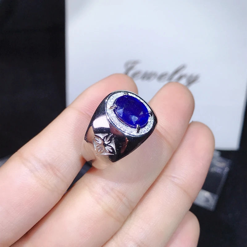 925 Pure Silver 4 Carat Natural Sapphire Ring with Color for Men