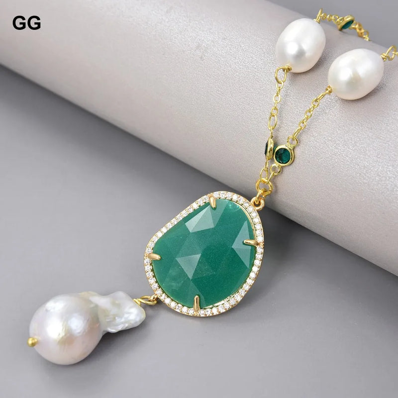 Gold Plated White Rice Pearl & Keshi Pearl Necklace with Green Crystal Pendant for women