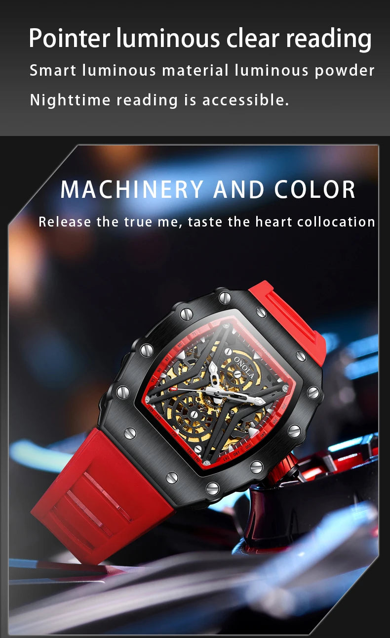 Stainless Steel Square Skeleton Luminous Watch for Men