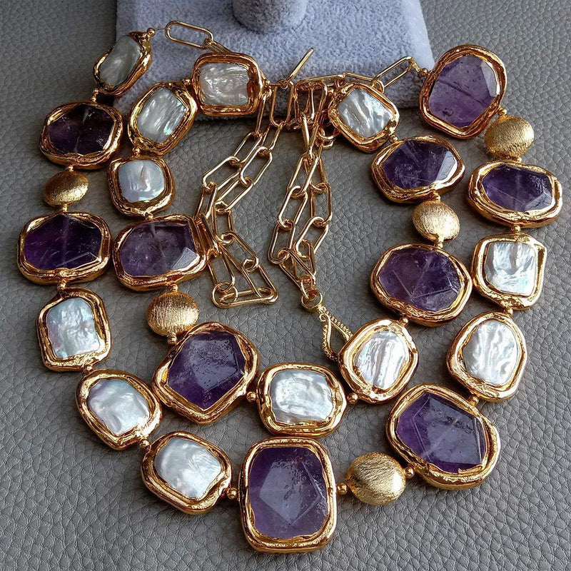 Gold Plated Cultured White Keshi Pearls & Amethyst Chunk Necklace for Women