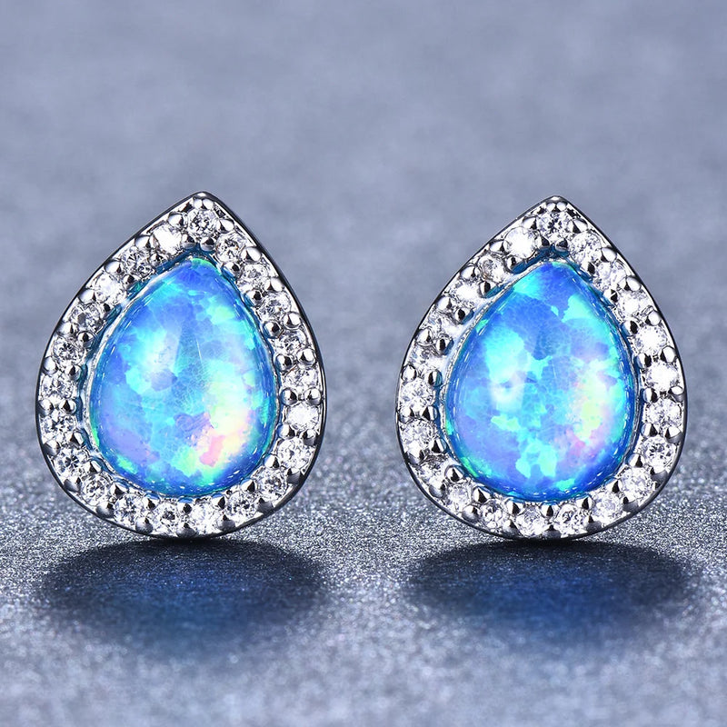 Sterling Silver Blue White Opal Stud Earrings for Women