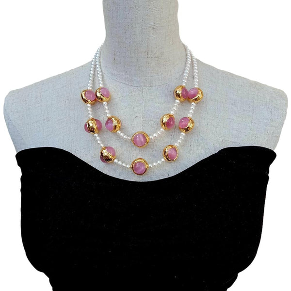 YYING 2 Rows  White Pearl Pink Cat Eye Gold Plated Necklace Multi Strands Jewelry 18\"