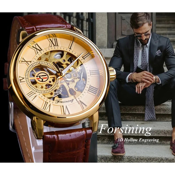 Gold Roman Numeral Skeleton Mechanical Watch with Brown Leather Strap for Men