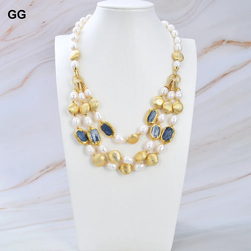 Gold Plated Freshwater Cultured White Rice Pearl Blue Kyanite Choker Necklace for Women