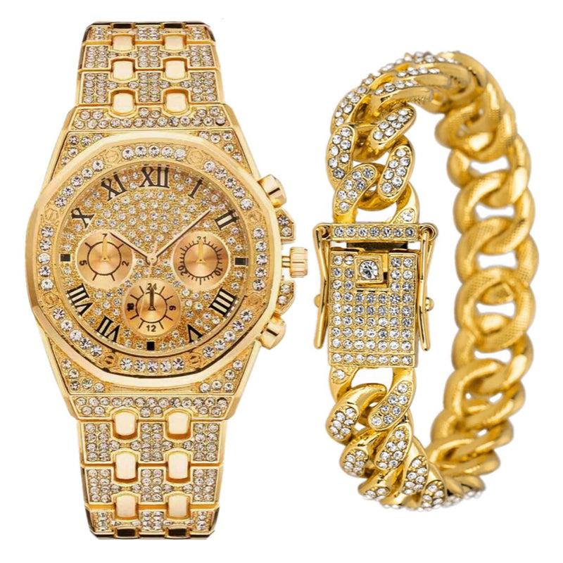 Gold Cuban Chain Watch Bracelet Set for Men