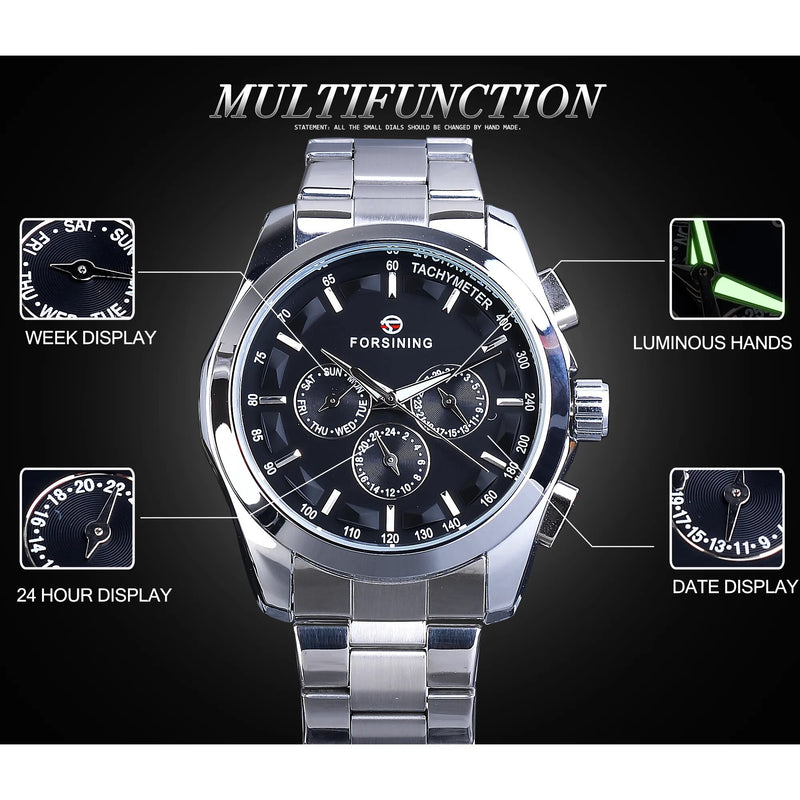 Steel Automatic Watch Black Dial with Calendar & Luminous Hands for Men