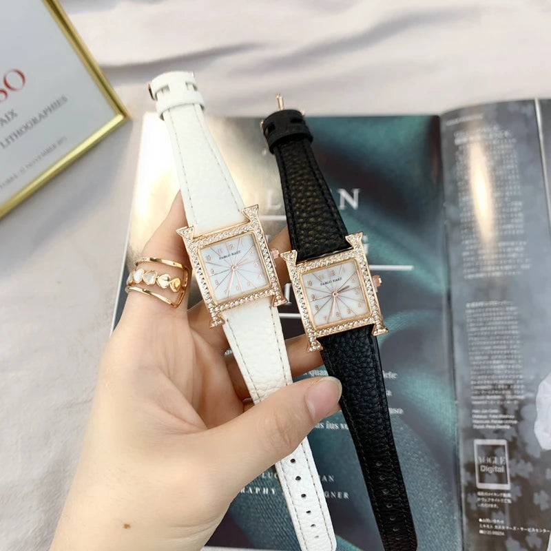 Luxury Diamond Fashion Watch for Ladies: High-Grade, Waterproof, Leather Strap, Quartz Movement.