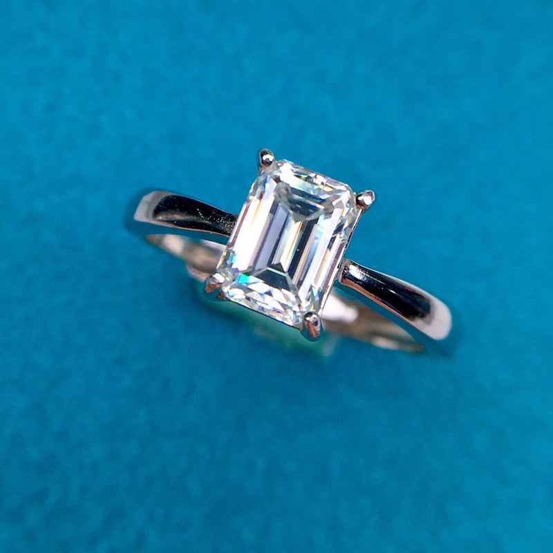 Sterling Silver 1+ Carat Emerald Cut Moissanite Ring for Women