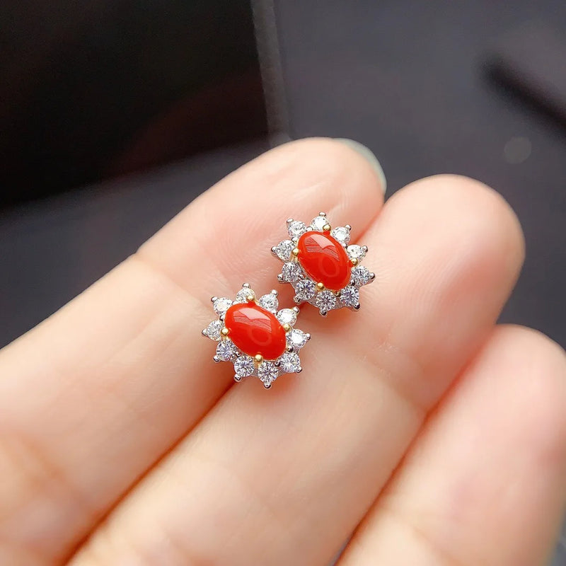 925 Sterling Silver Natural Red Coral Stud Earrings for Women