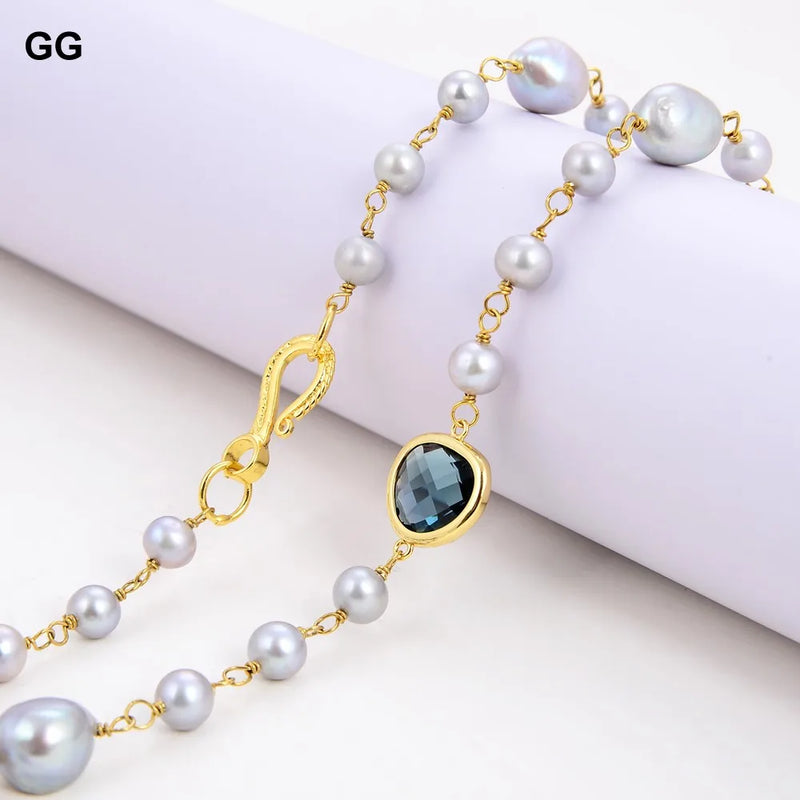 Gold Plated Round Pearl Blue Crystal Chain Necklace for Women