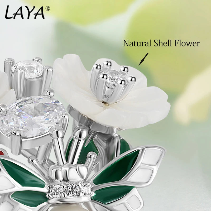 Sterling Silver Natural Pearl Shell Flower Leaf Enamel Ring for Women