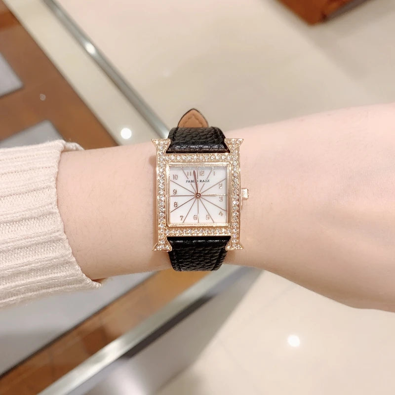 Luxury Diamond Women's Wristwatch with Leather Band and Orange Jewelry Details