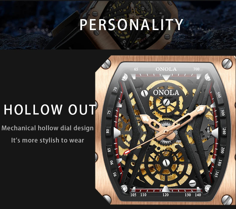 Stainless Steel Square Skeleton Luminous Watch for Men