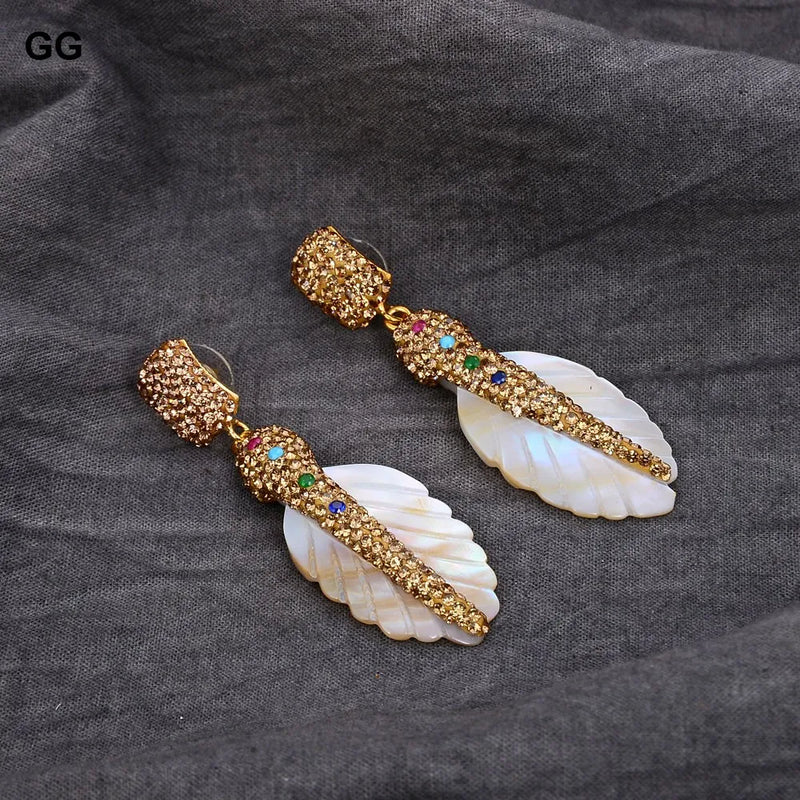 Yellow Gold Plated White Shell Feather CZ Paved Dangle Stud Earrings for Women