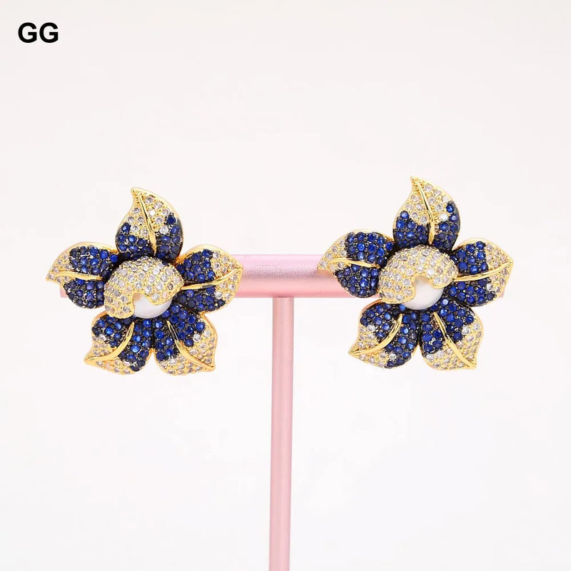 Yellow Gold Plated White Pearl Blue CZ Flower Earrings for Women