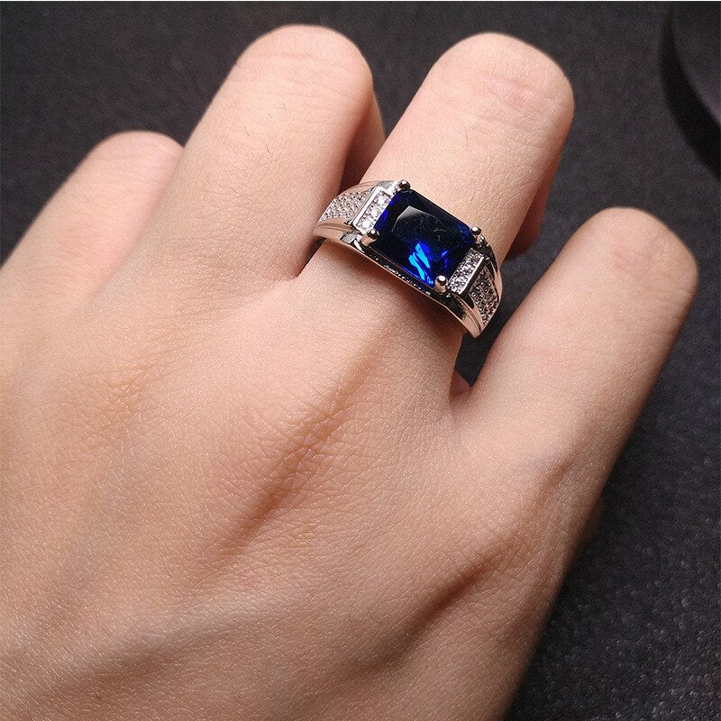 Sterling Silver Blue Crystal Sapphire Topaz Zircon Diamonds Rings for Men