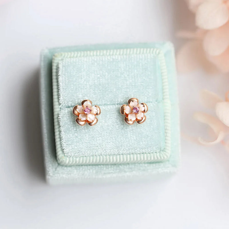 925 Silver & 18K Rose Gold Plated Pink Shell Mini Flower Stud Earrings for Women