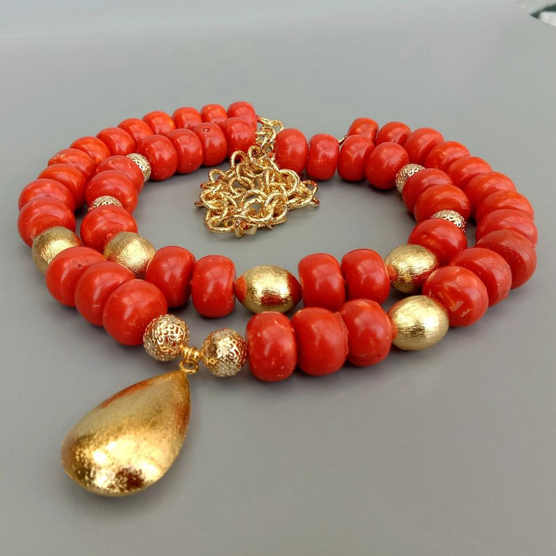 Gold Plated Faux Coral Rondelle Pendant Necklace, 21" gender-neutral