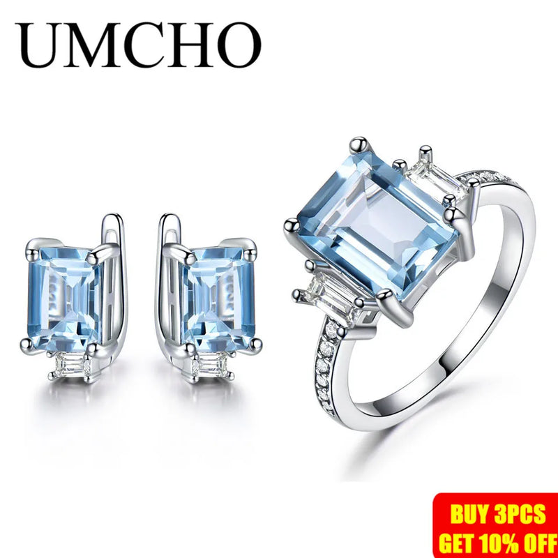 Sterling Silver Sky Blue Topaz Ring and Earrings Set for Women