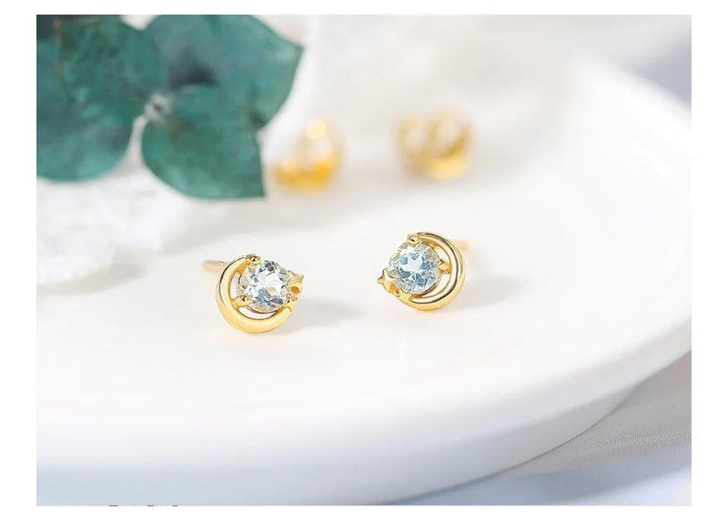 925 Sterling Silver Star Moon Topaz Stud Earrings for Women