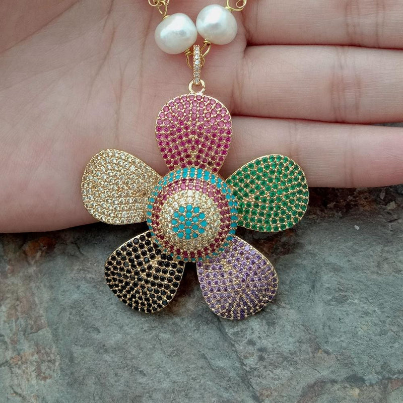 Sterling Silver 4.00 ctw White Freshwater Pearl CZ Pave Flower Pendant for Her